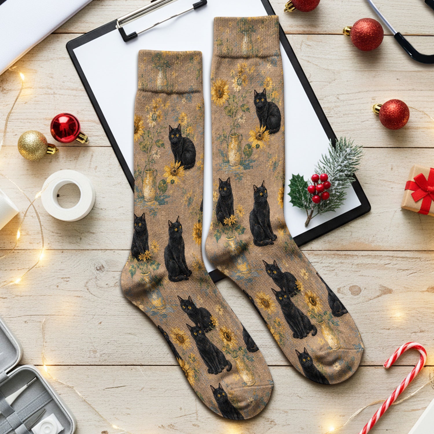 Rustic Sunflower Black Cat Print Socks, Adult Socks for Men and Women