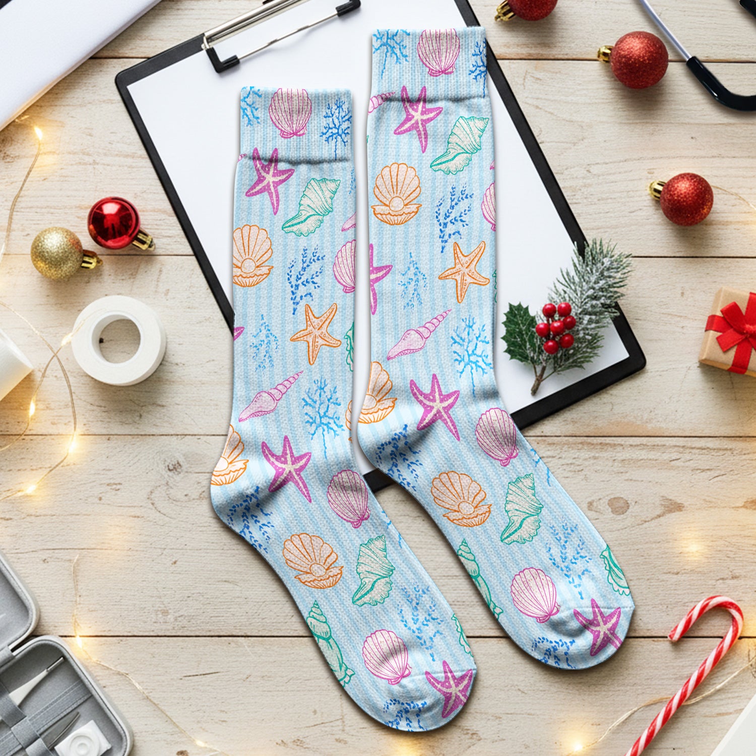 Colorful Seashell Starfish Ocean Stripe Pattern Sock, Breathable Fabrics Medical Uniform