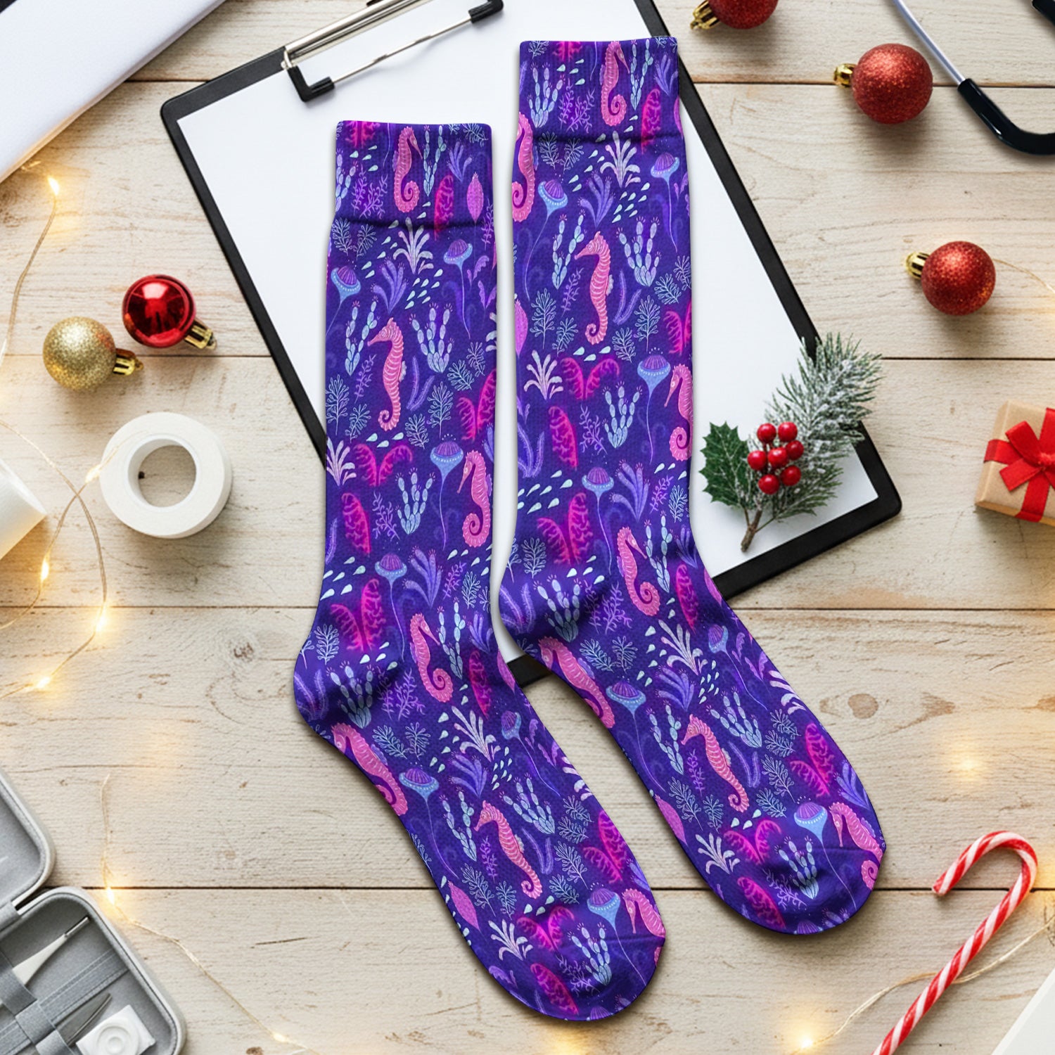 Purple Seahorse Ocean Pattern Socks, Adult Socks for Men and Women