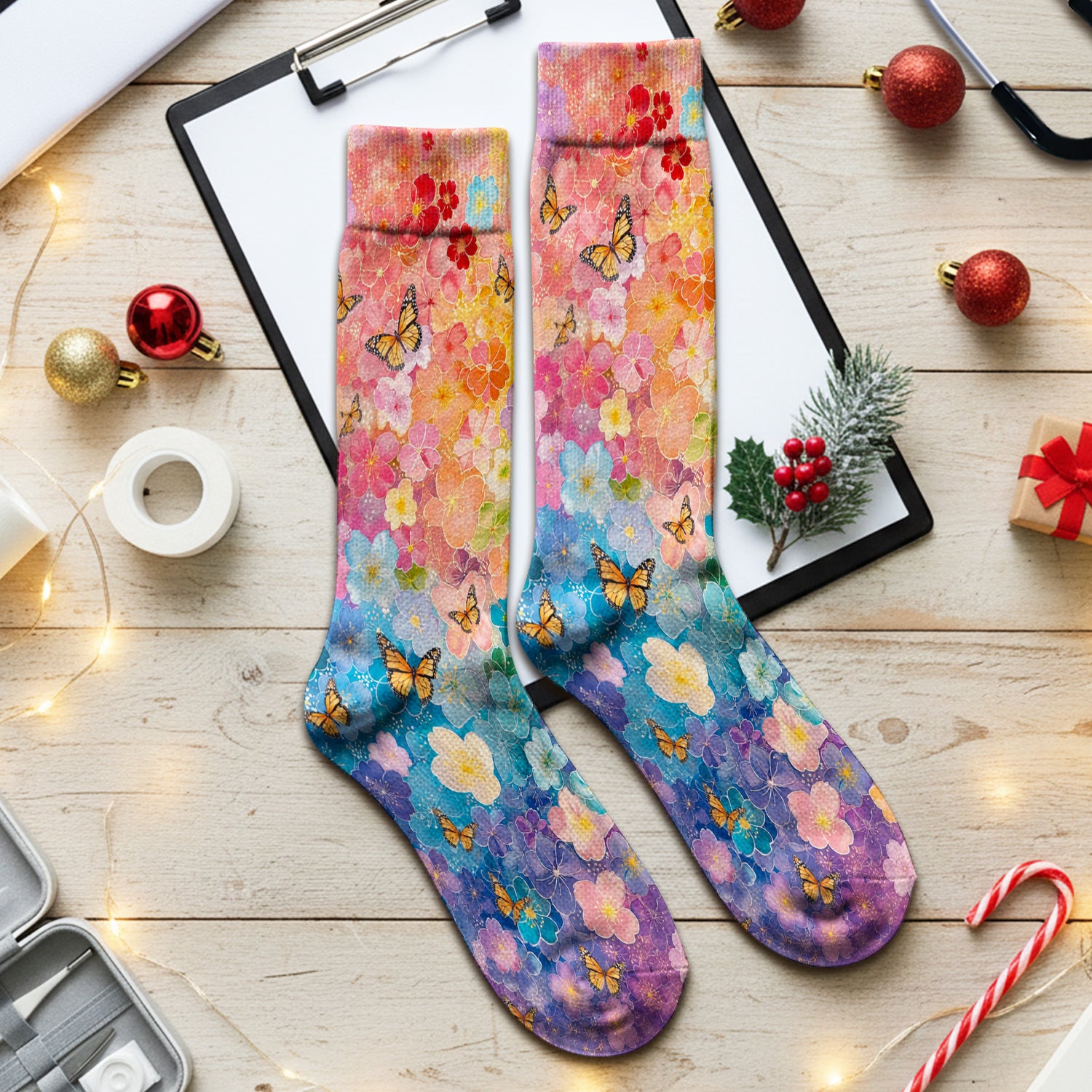 Rainbow Butterfly Floral Blossom Pattern Socks, Adult Socks for Men and Women