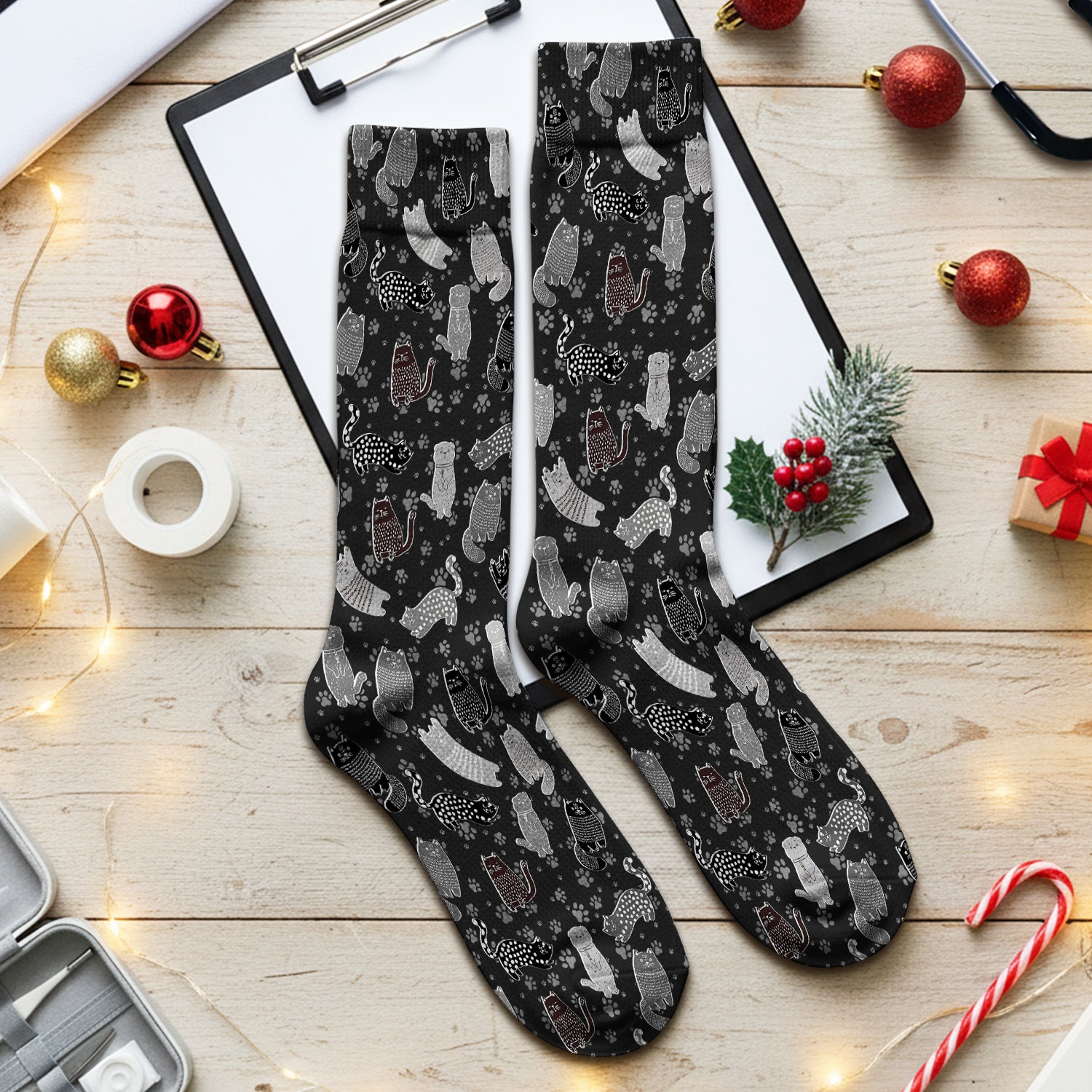 Cute Cat and Paw Print Pattern Socks, Breathable Fabrics Medical Uniform