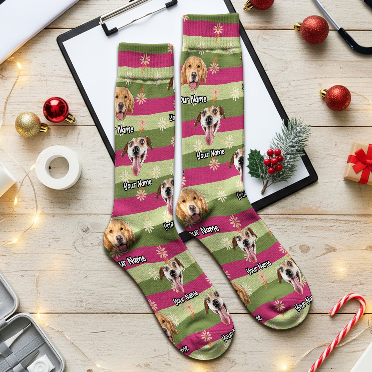 Personalized Floral Dog Portrait With Spring Stripes Pattern Socks, Adult Socks for Men and Women