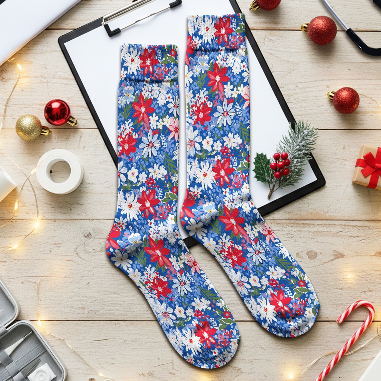 Patriotic Red White Blue Floral Garden Print Socks, Adult Socks for Men and Women