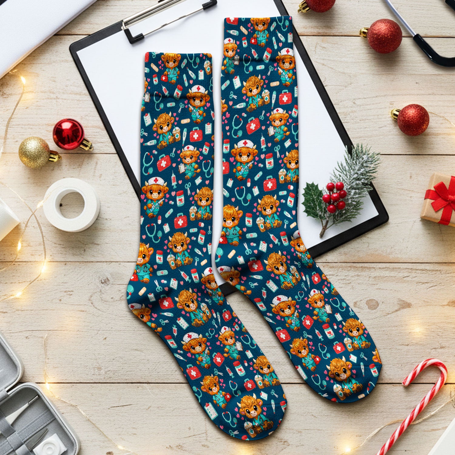 Cute Highland Cow Nurse Scrub Socks, Kawaii Medical Pattern Sock, Breathable Fabrics Nursing Uniform