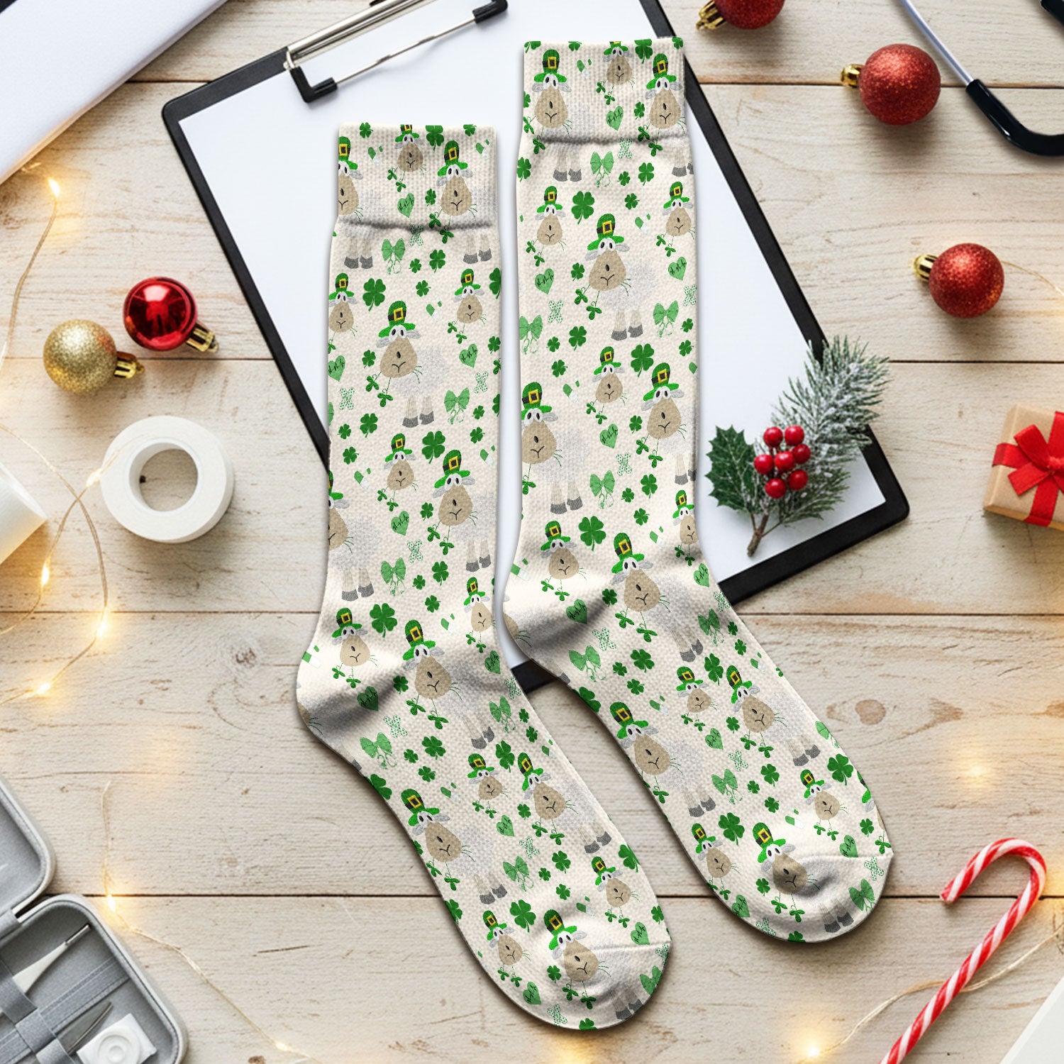 Nurse St. Patrick Scrubs Socks, Cute Sheep Shamrock Pattern Nurse Sock, Breathable Fabrics Nursing Uniform