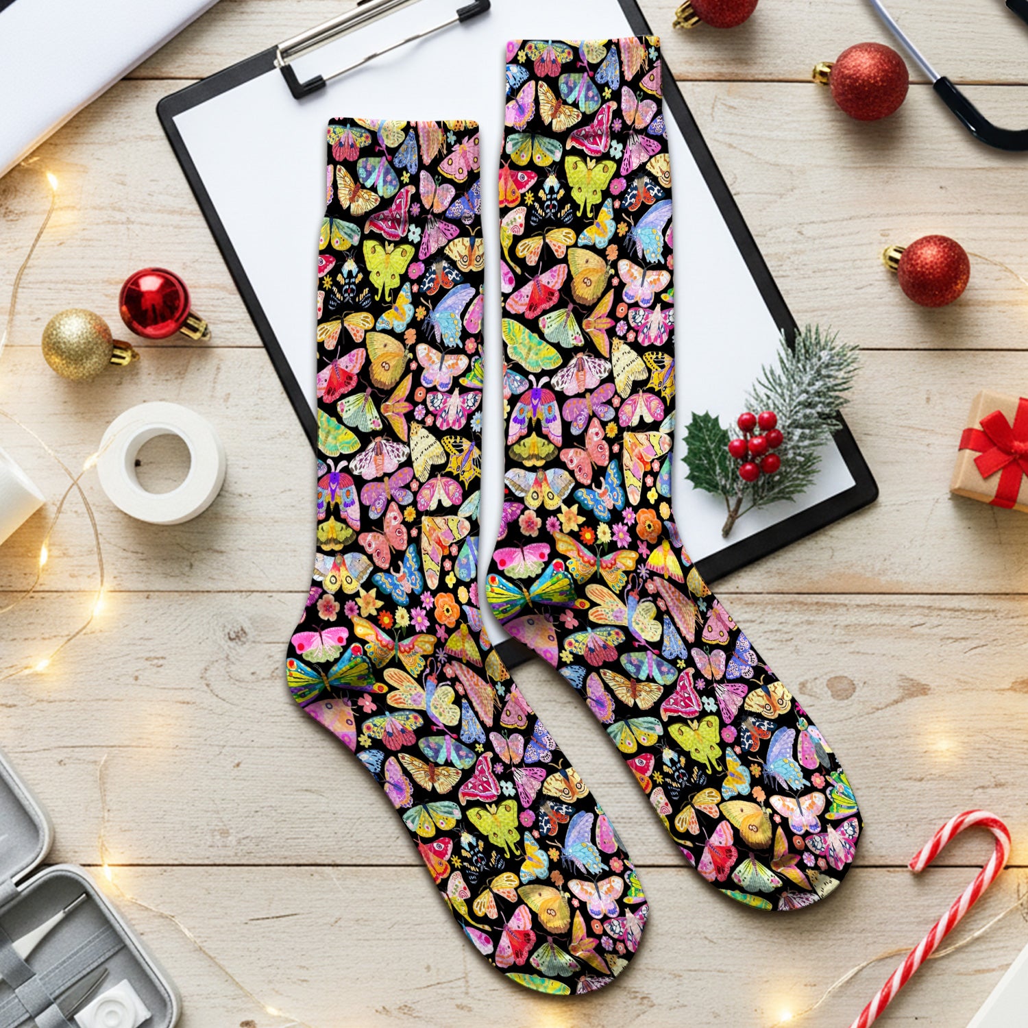 Cute Bright Butterfly Moth Floral Socks, Breathable Fabrics Medical Uniform