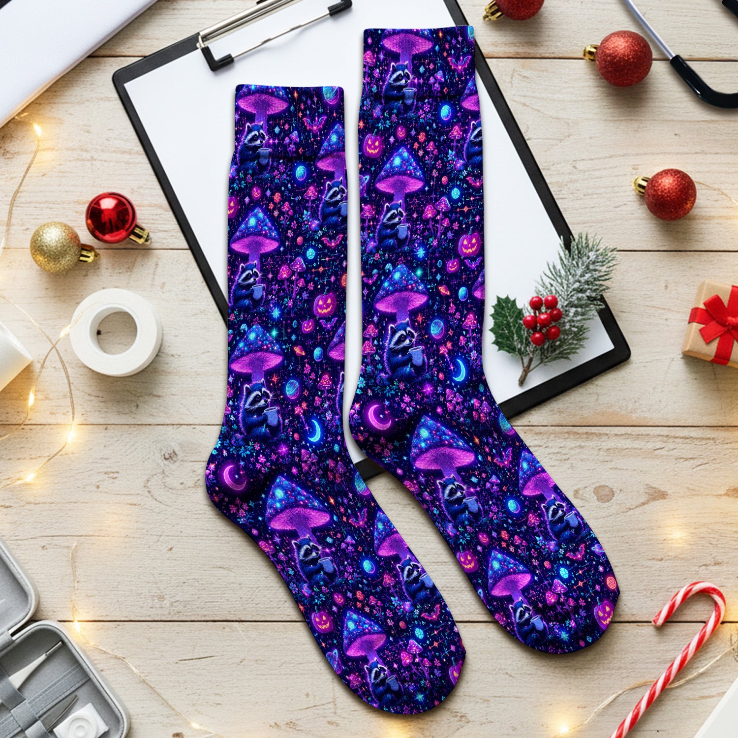 Halloween Raccoon And Mushrooms Socks, Adult Socks for Men and Women