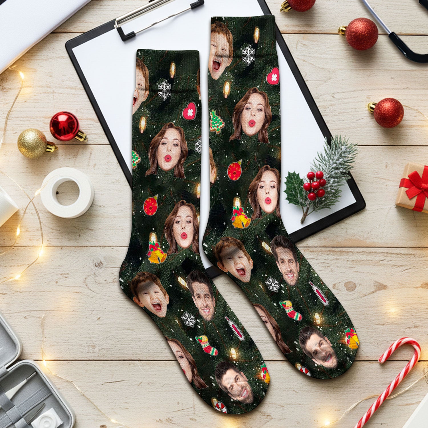 Personalized Christmas Photo Scrub Socks, Funny Xmas Custom Face Scrub Sock, Breathable Fabrics Nursing Uniform