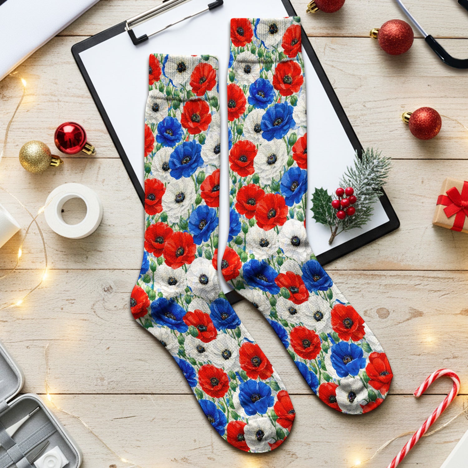 Festive Patriotic Red Blue Poppy Floral Pattern Socks, Adult Socks for Men and Women