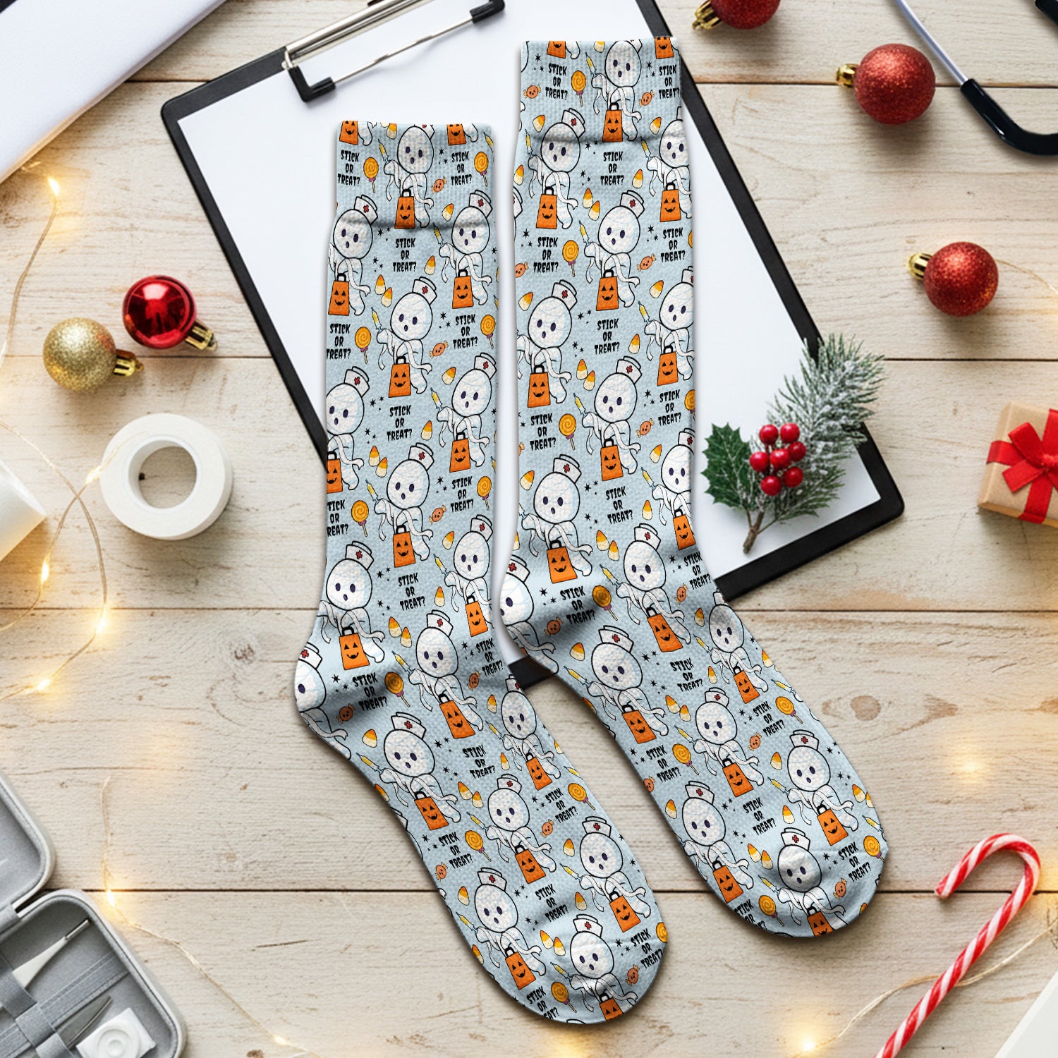 Funny Halloween Stick Or Treat Mummy Nurse Socks, Adult Socks for Men and Women