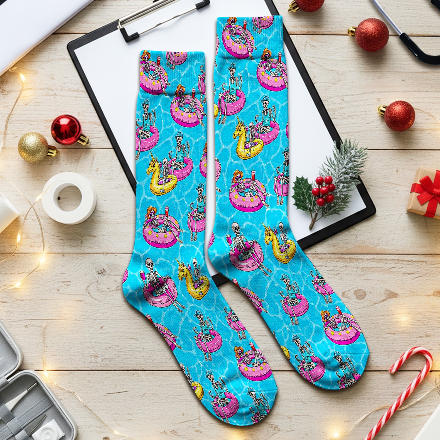Summerween Skeleton with Pool Float Print Socks, Adult Socks for Men and Women
