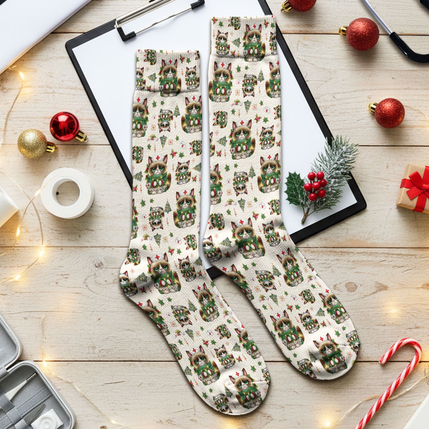 Christmas Cat Socks for Nurse Doctor - Funny Xmas Adult Socks for Men and Women - Breathable Fabrics Medical Uniform