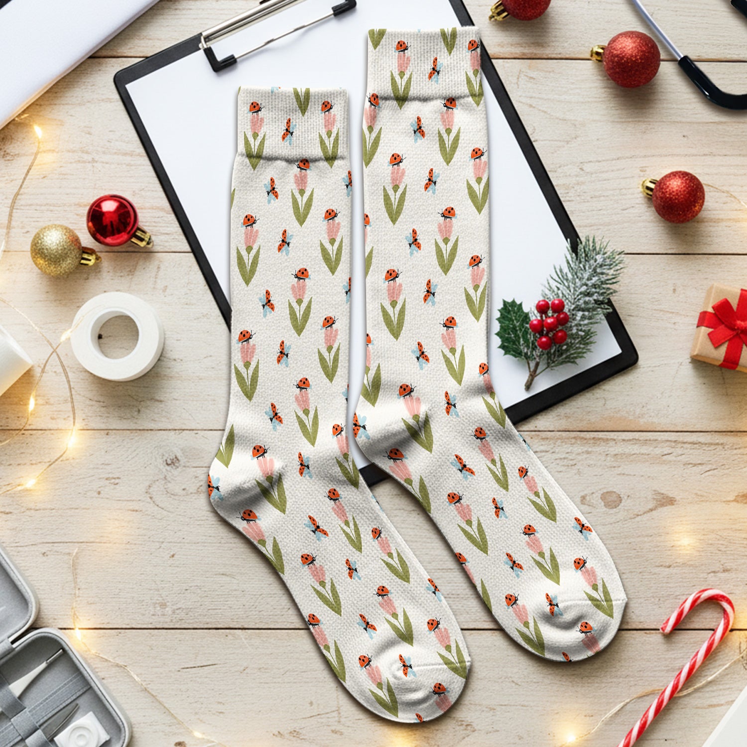 Cute Ladybug Tulip Floral Pattern Socks, Adult Socks for Men and Women