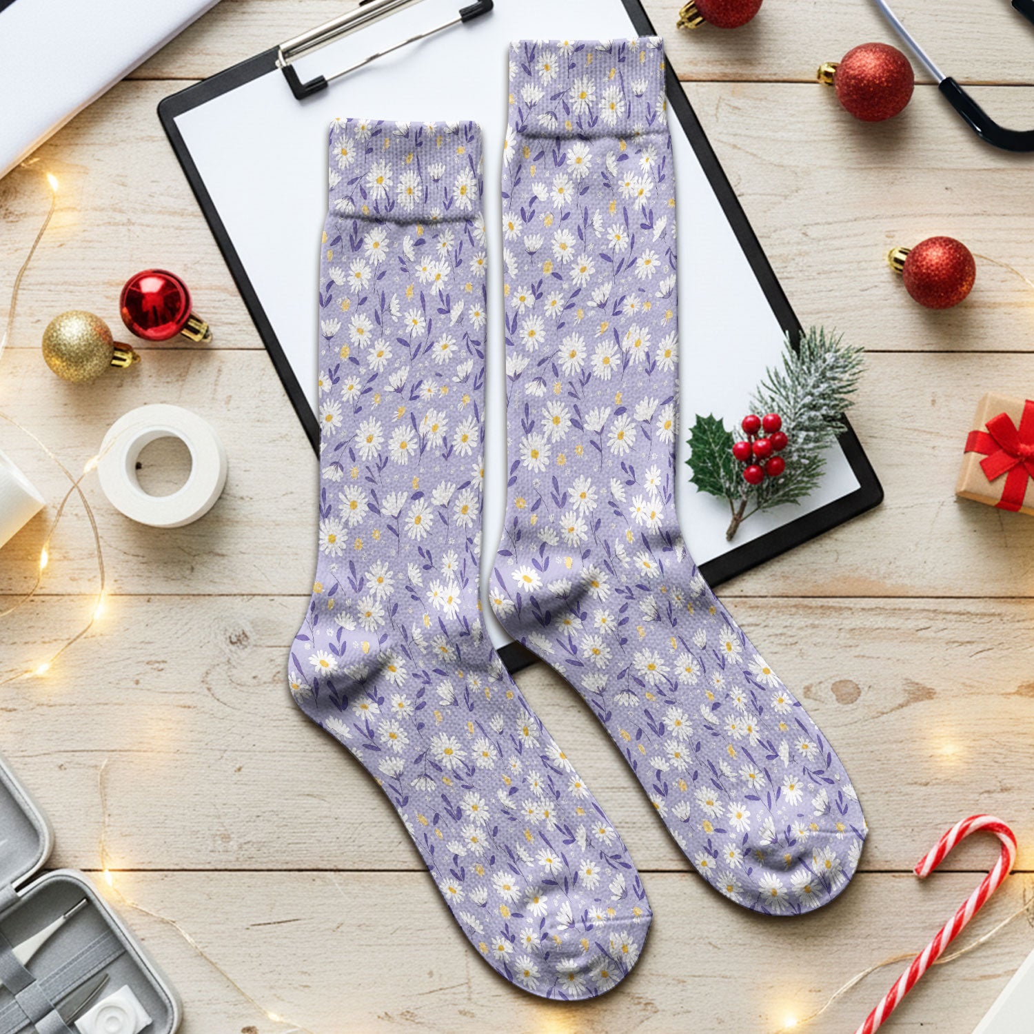 Cute Purple Daisy Botanical Print Socks, Socks for Nurse Doctor
