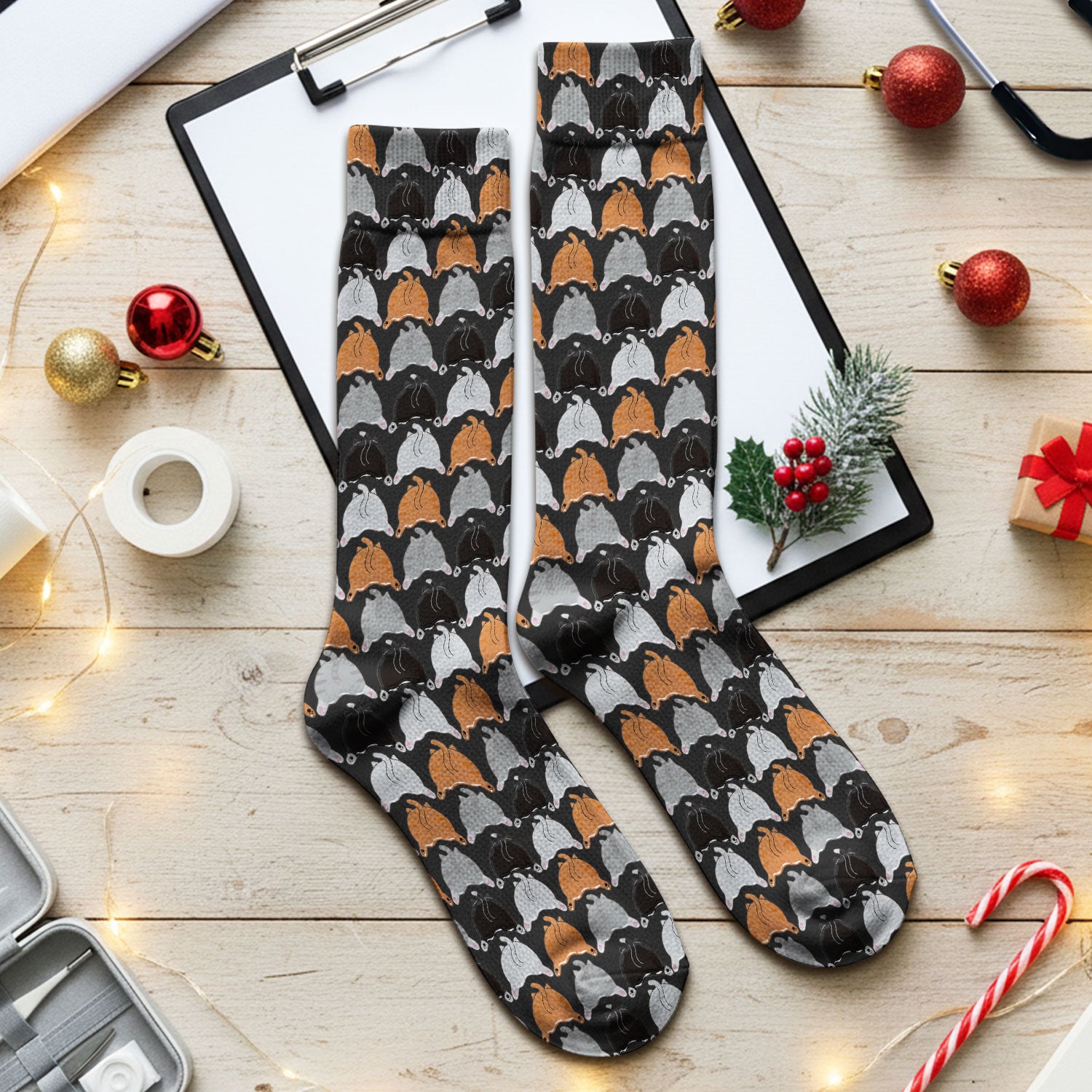 Playful Multicolor Cat Print Medical Socks, Breathable Fabrics Medical Uniform