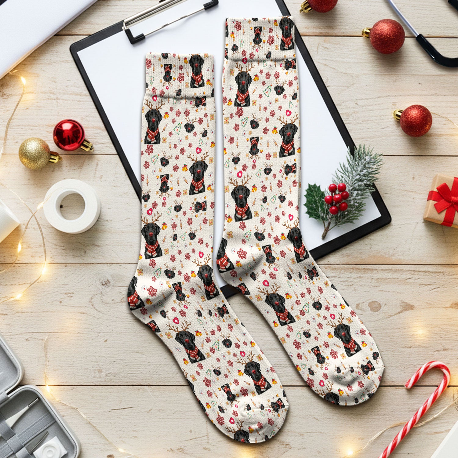 Funny Black Lab Reindeer Socks for Nurse Doctor - Christmas Puppy Adult Socks for Men and Women