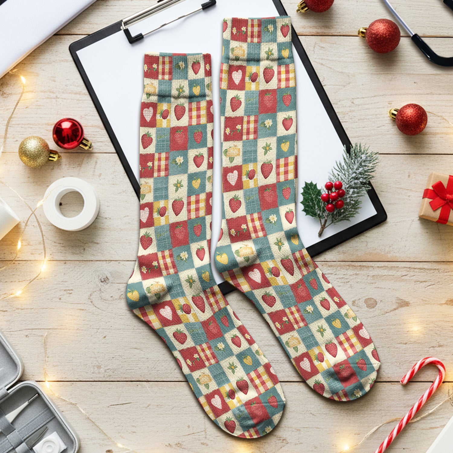 Cute Strawberry Floral Patchwork Pattern Socks, Adult Socks for Men and Women