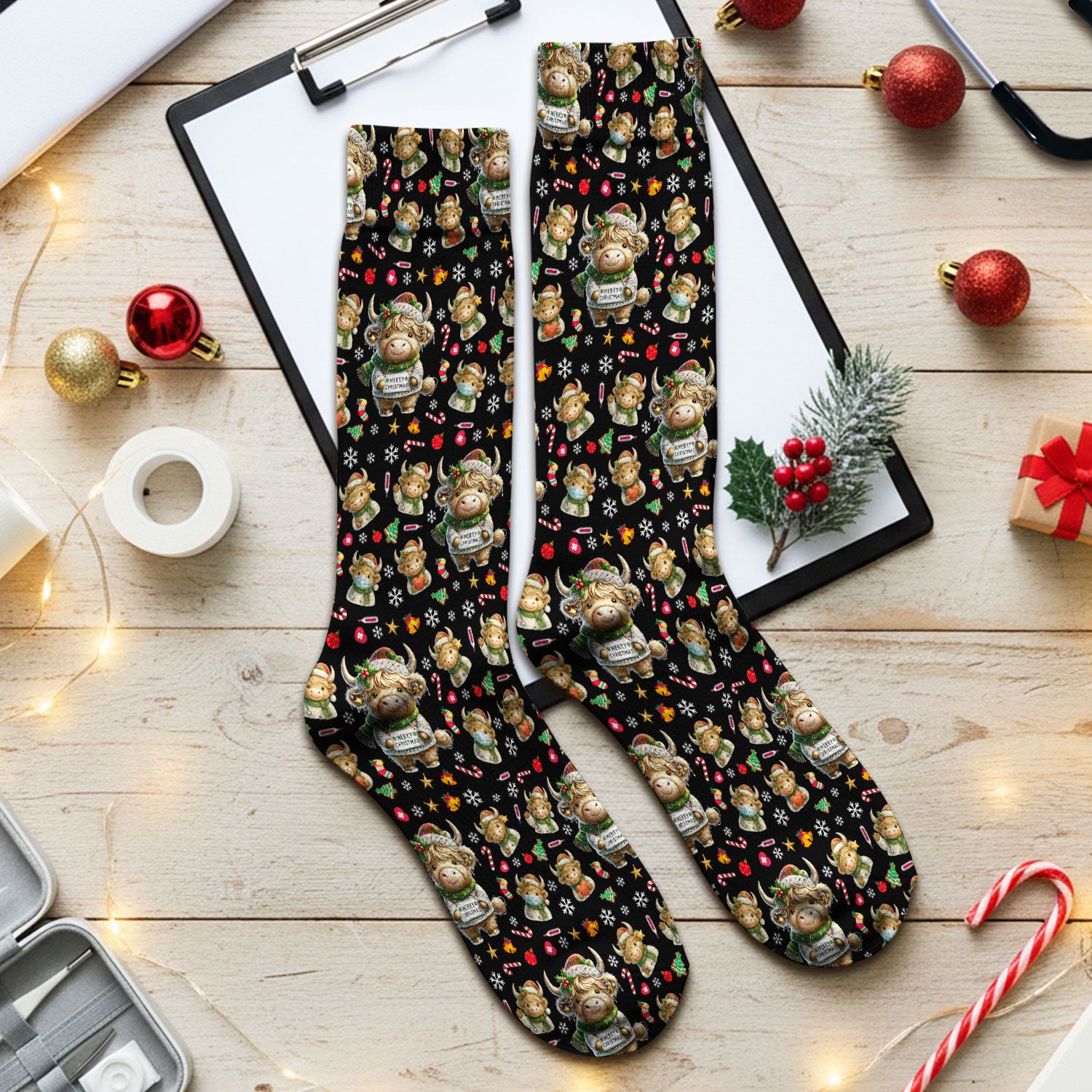 Highland Cow Christmas Socks, Funny Holiday Cow Pattern Nurse Socks, Cozy Medical Crew Socks, Perfect Christmas Gift For Nursing