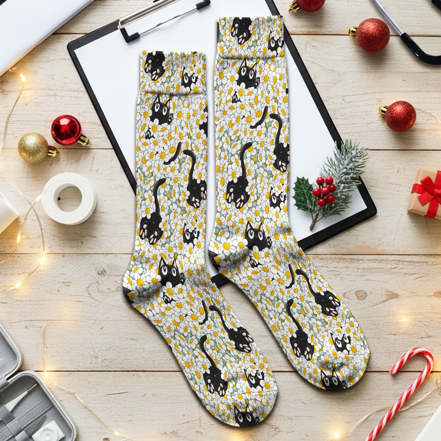 Daisy Black Cat Nurse Pattern Socks, Adult Socks for Men and Women