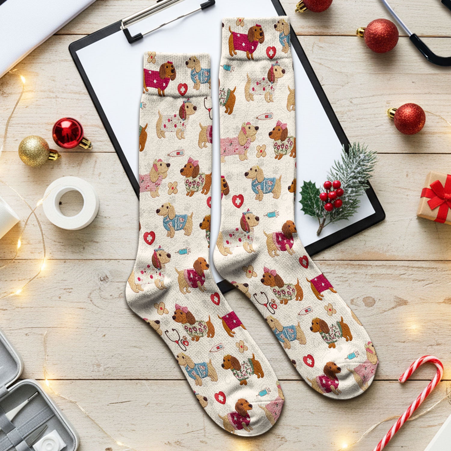 Cute Medical Wiener Dog Pattern Nurse Socks, Dachshund Nursing Scrub Sock, Breathable Fabrics Nursing Uniform