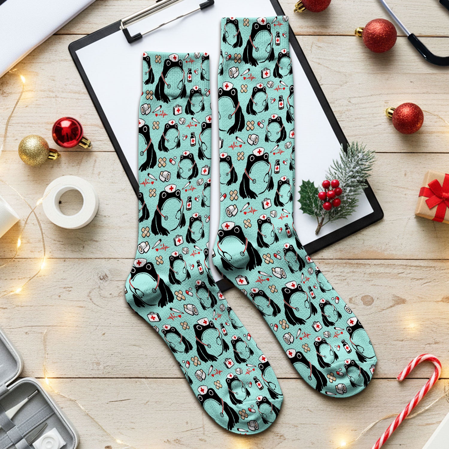 Cute Frog Nurse Medical Pattern Socks, Breathable Fabrics Medical Uniform