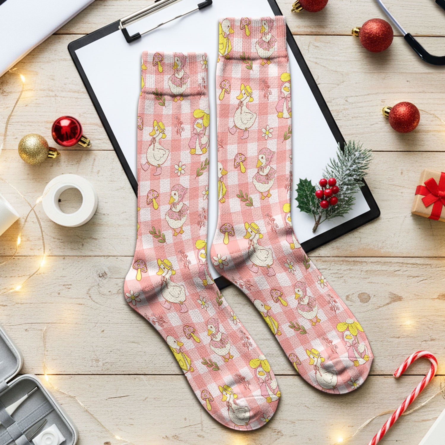 Cute Duck Outfit Gingham Pattern Scrub Socks, Socks for Nurse Doctor