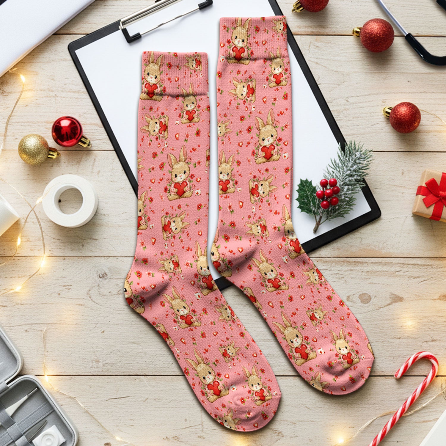 Adorable Bunny Heart Healthcare Design Socks, Adult Socks for Men and Women