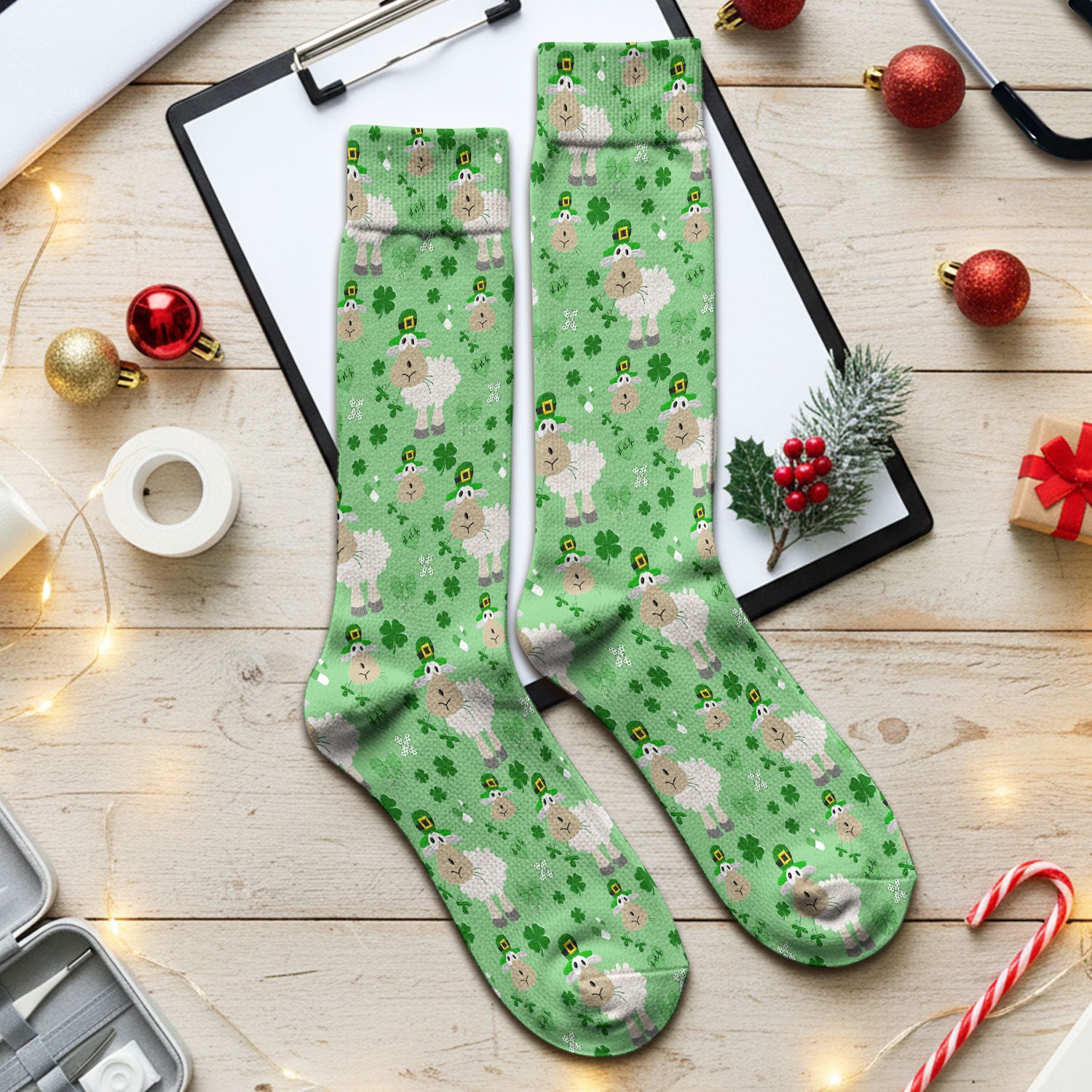 Nurse St. Patrick Scrubs Socks, Cute Sheep Shamrock Pattern Nurse Sock, Breathable Fabrics Nursing Uniform