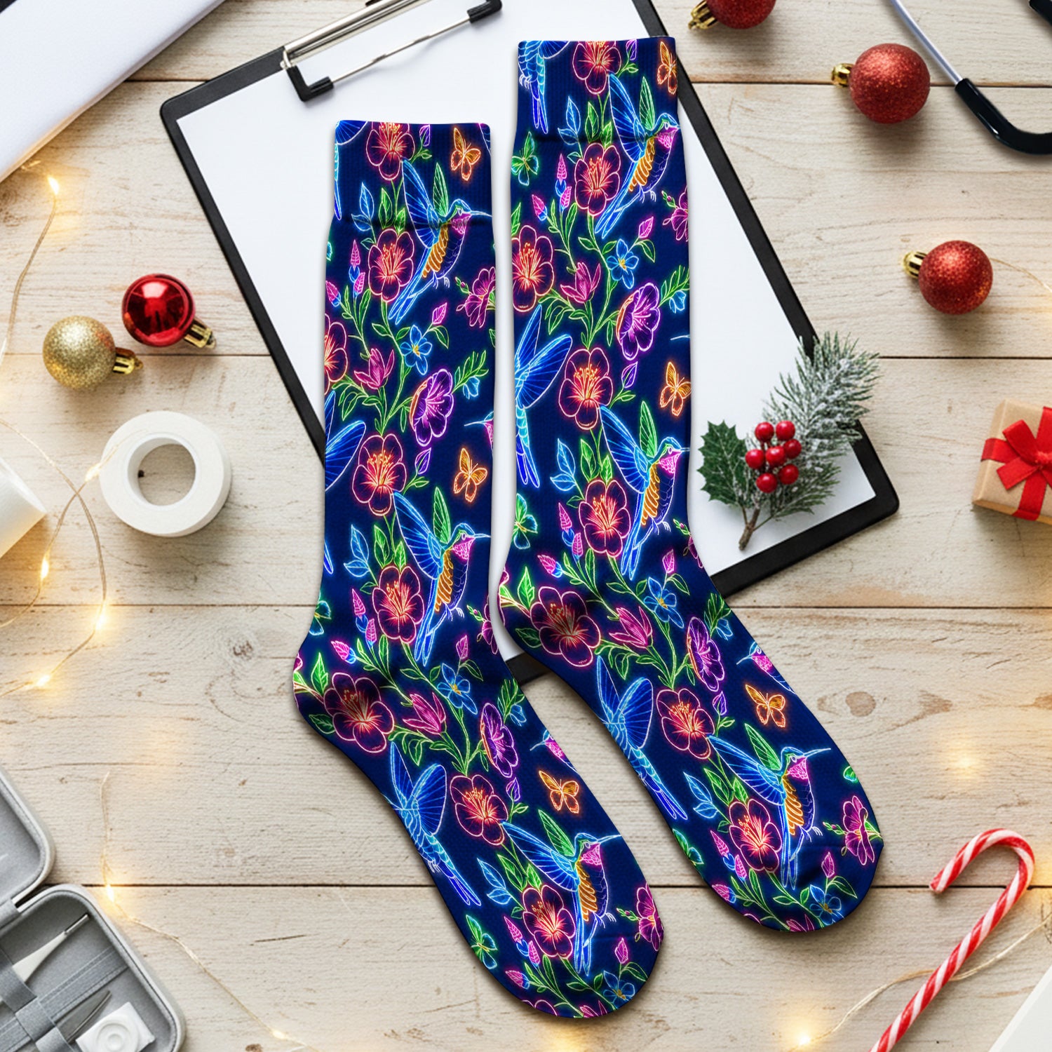 Neon Hummingbird Floral Garden Pattern Socks, Adult Socks for Men and Women