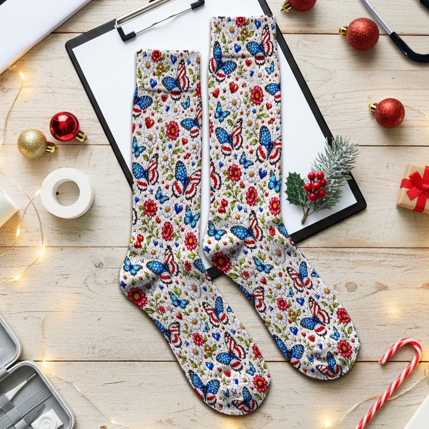 Patriotic Butterfly Daisy Heart Pattern Socks, Adult Socks for Men and Women