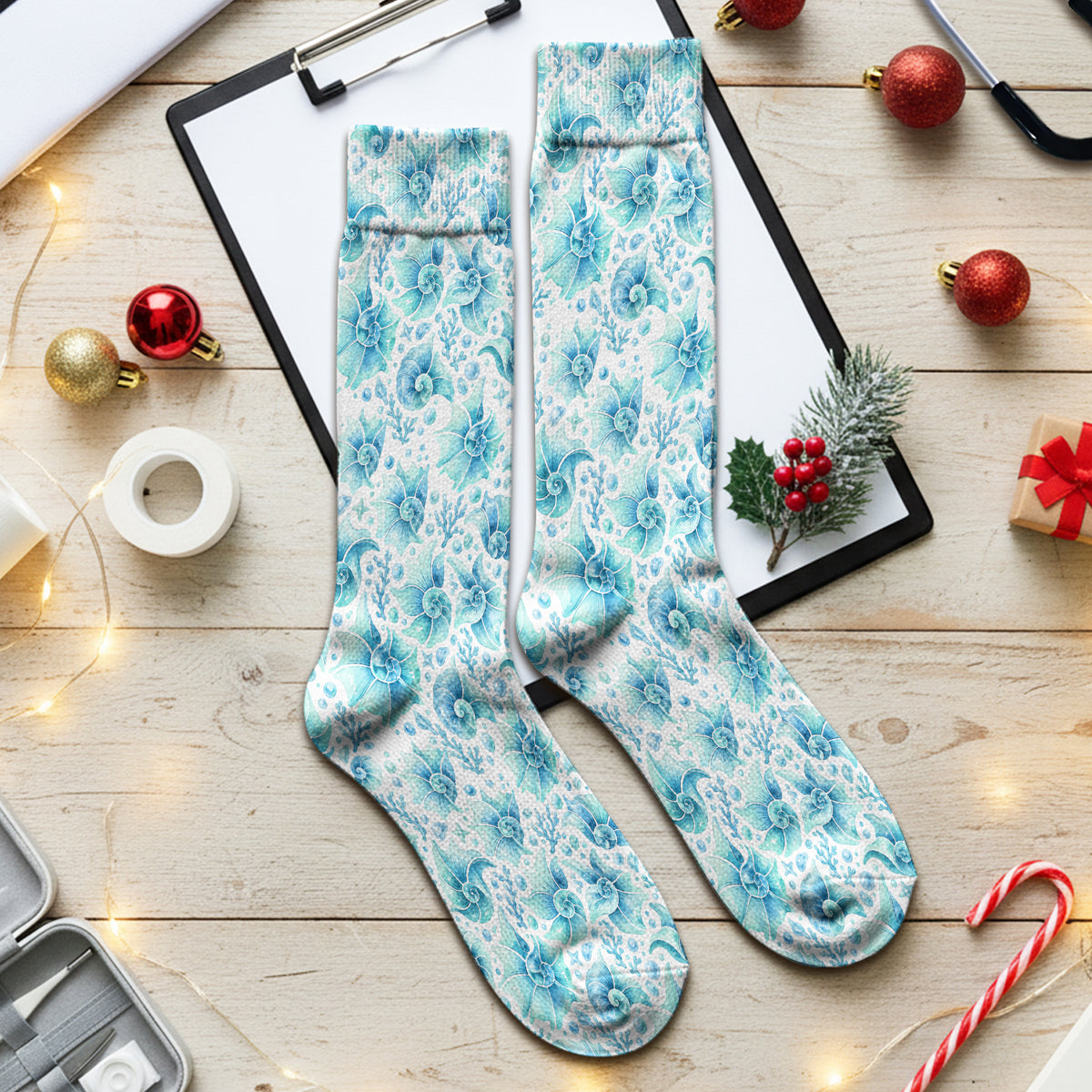 Blue Watercolor Seashell Pattern Socks, Adult Socks for Men and Women