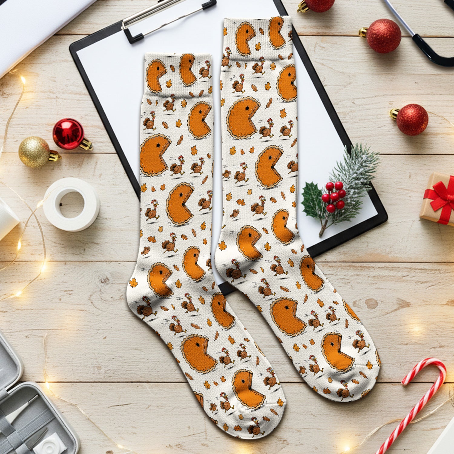 Thanksgiving Pie Chasing Turkey Socks, Adult Socks for Men and Women