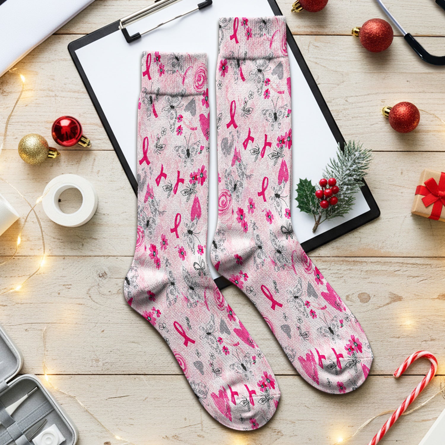 Breast Cancer Awareness Butterfly Floral Socks, Adult Socks for Men and Women