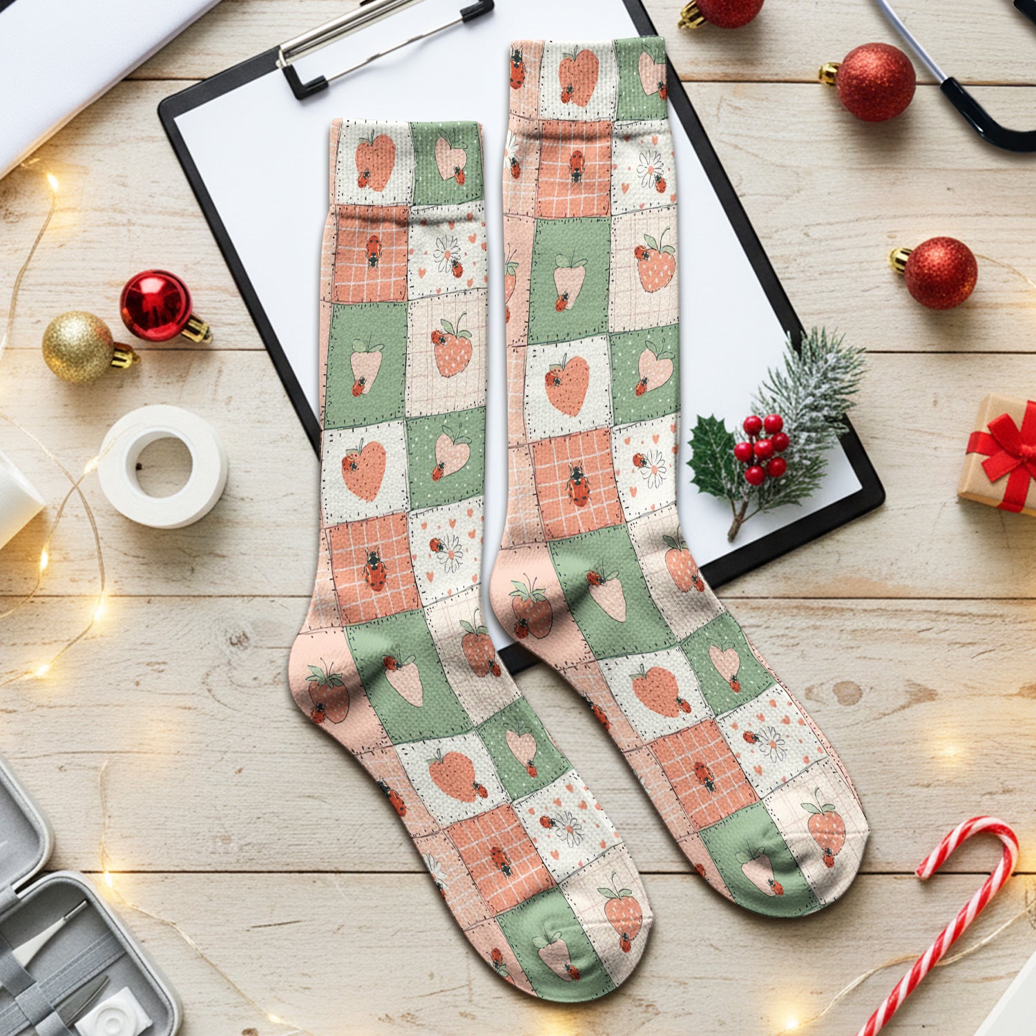 Strawberry Ladybug Patchwork Pattern Socks, Socks for Nurse Doctor
