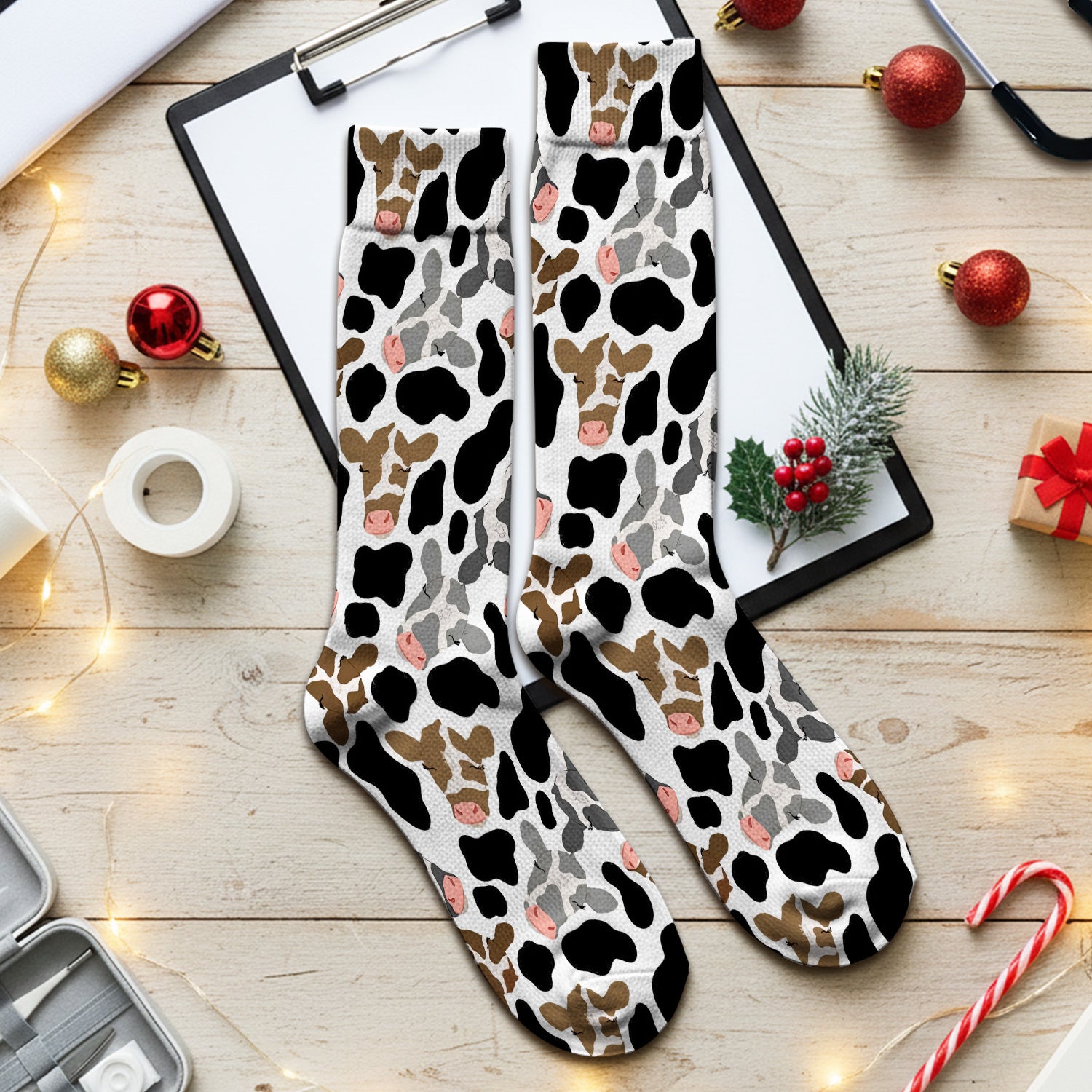 Cute Cow Face Black White Pattern Nurse Socks, Adult Socks for Men and Women