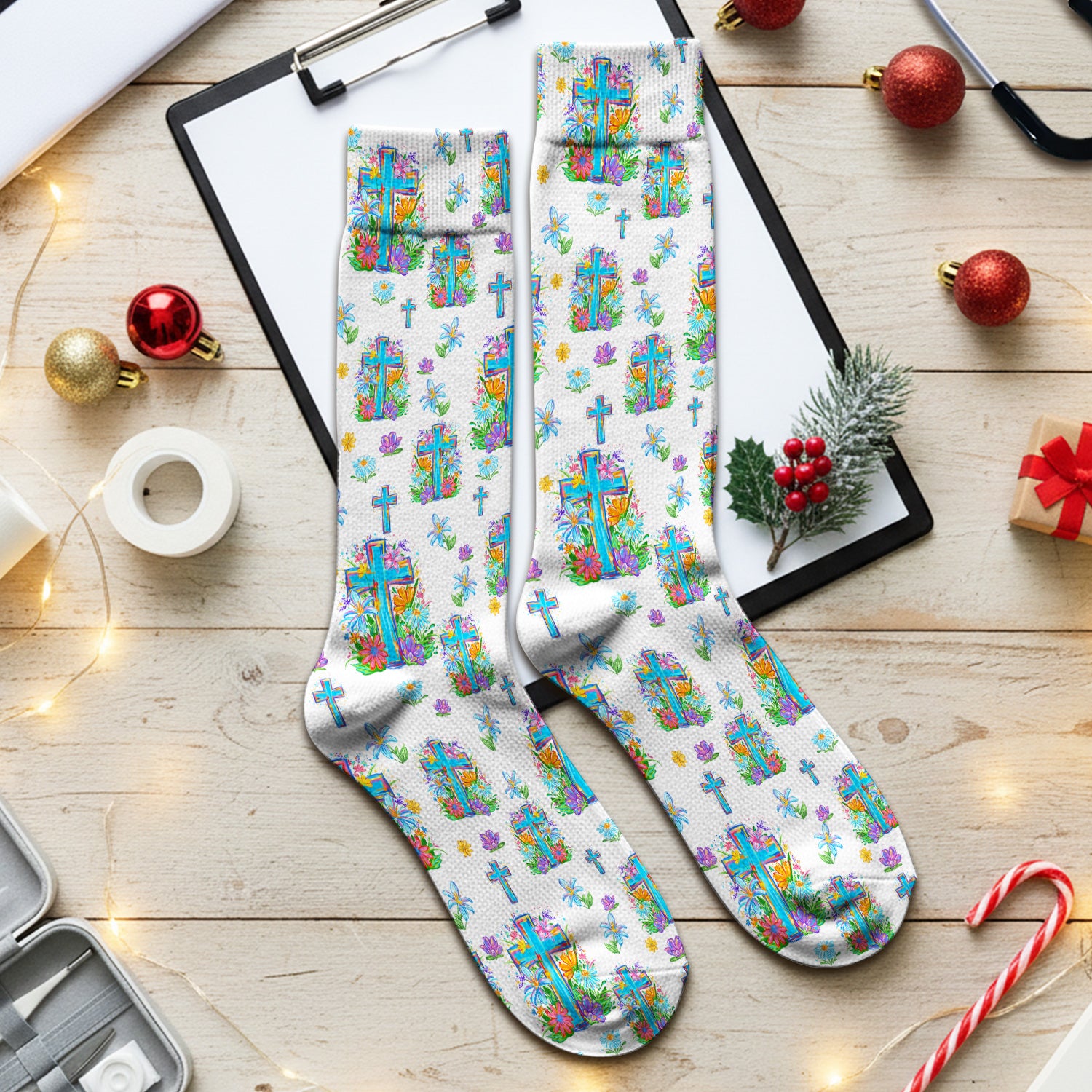 Christian Floral Cross Spring Pattern Socks, Breathable Fabrics Medical Uniform