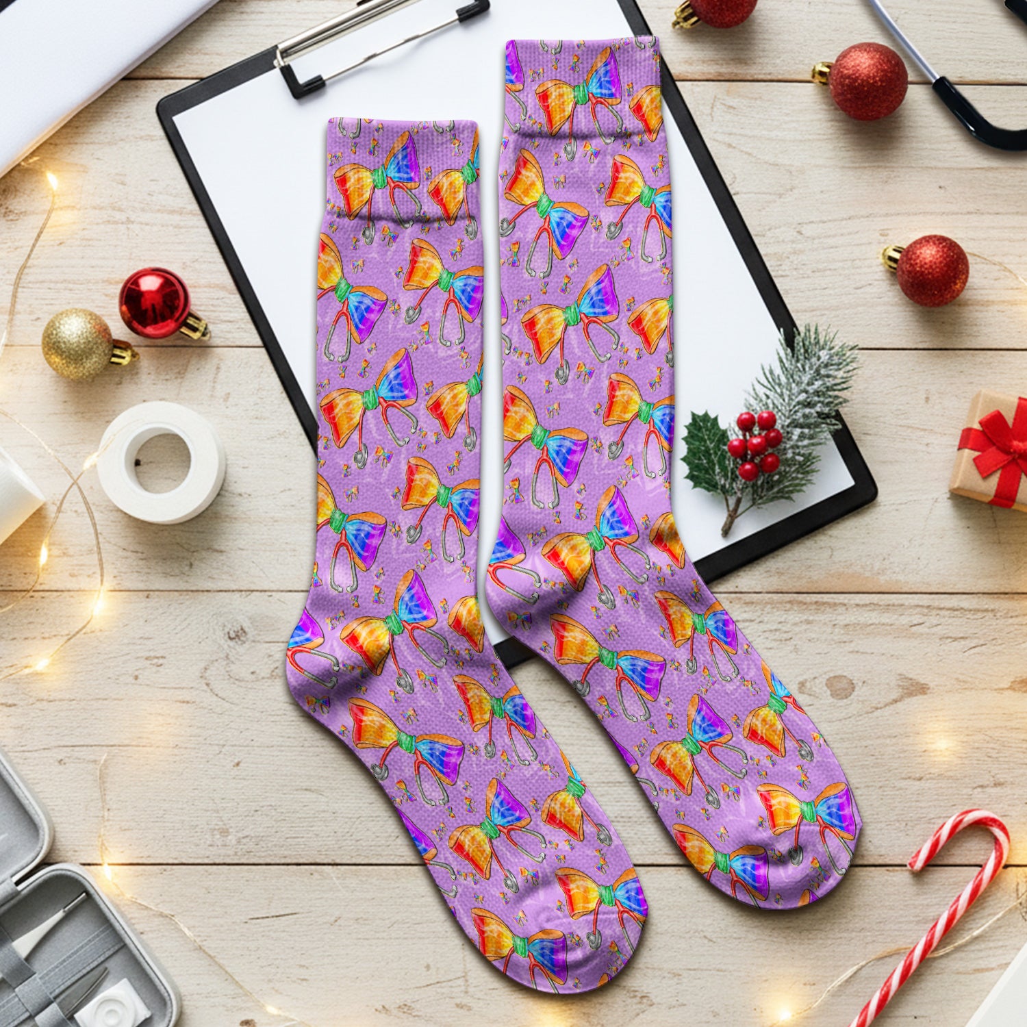 Colorful Rainbow Bow Stethoscope Pattern Socks, Breathable Fabrics Medical Uniform