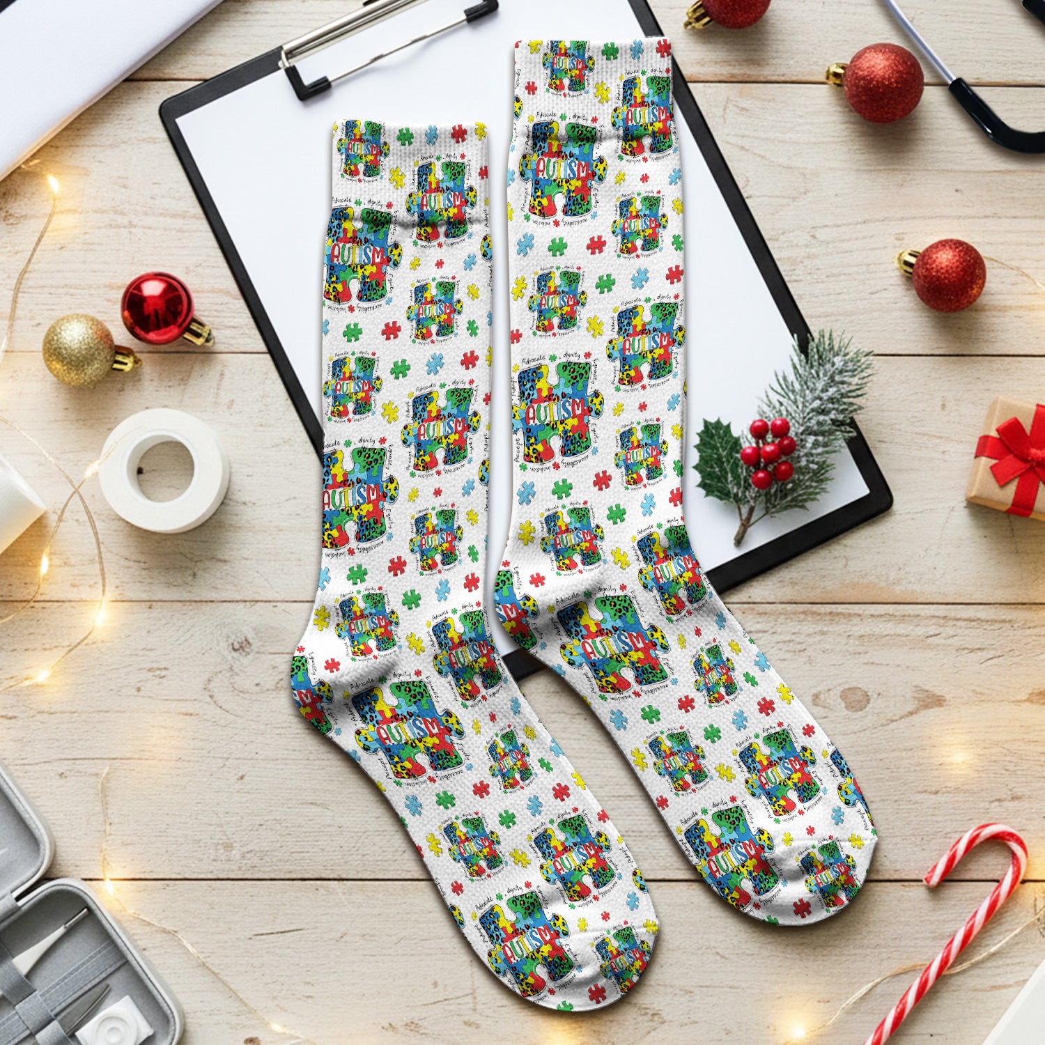Autism Awareness Puzzle Pattern Print Socks, Adult Socks for Men and Women