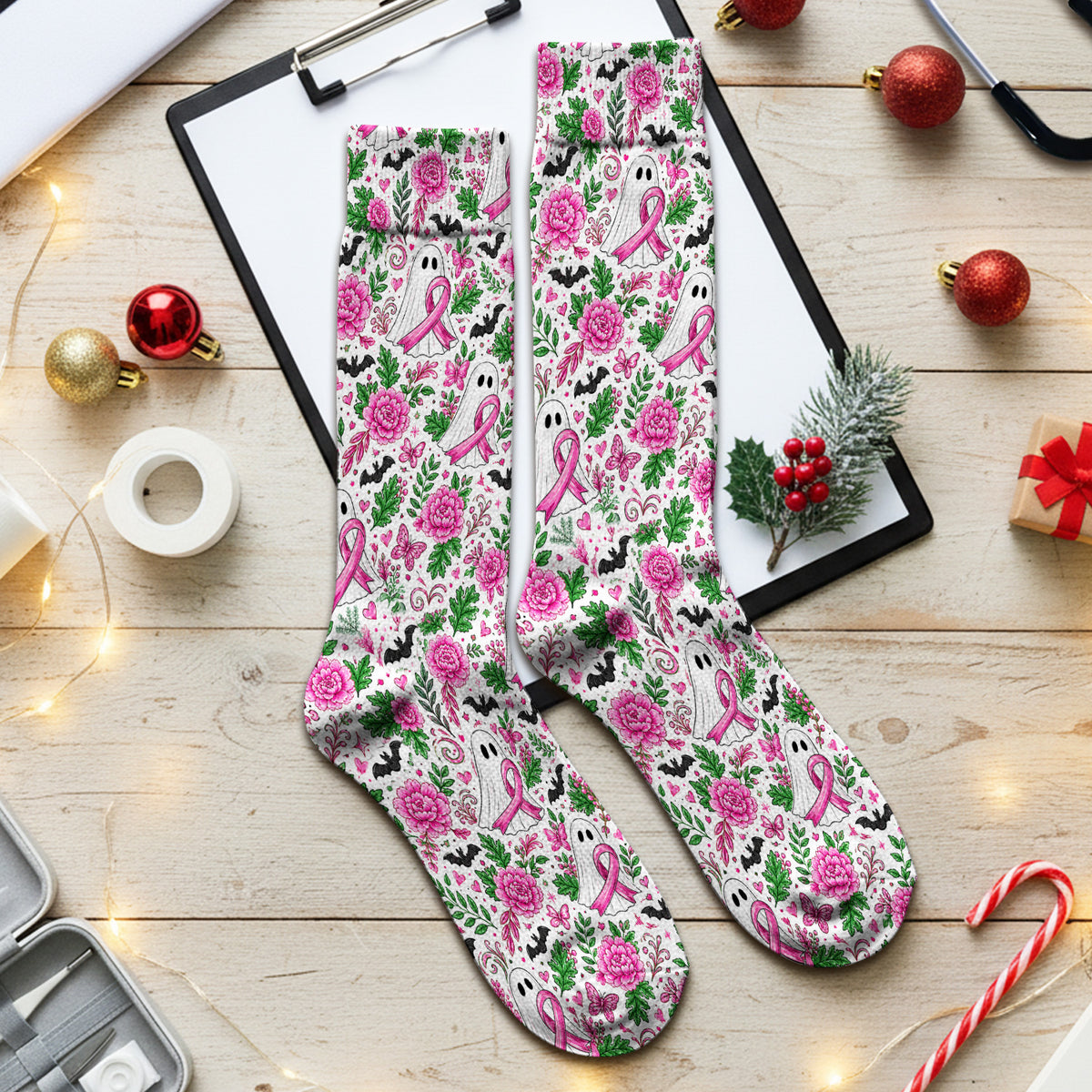 Breast Cancer Awareness Floral Ghost Socks, Adult Socks for Men and Women