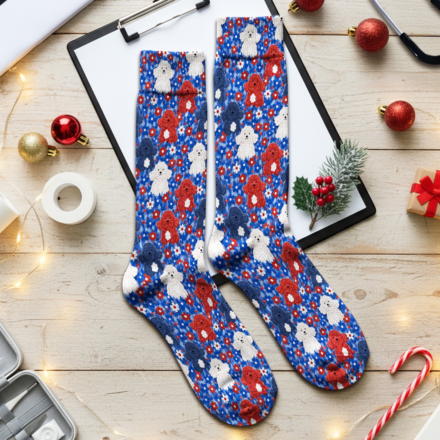Cute Poodle Floral Garden Print Socks, Adult Socks for Men and Women