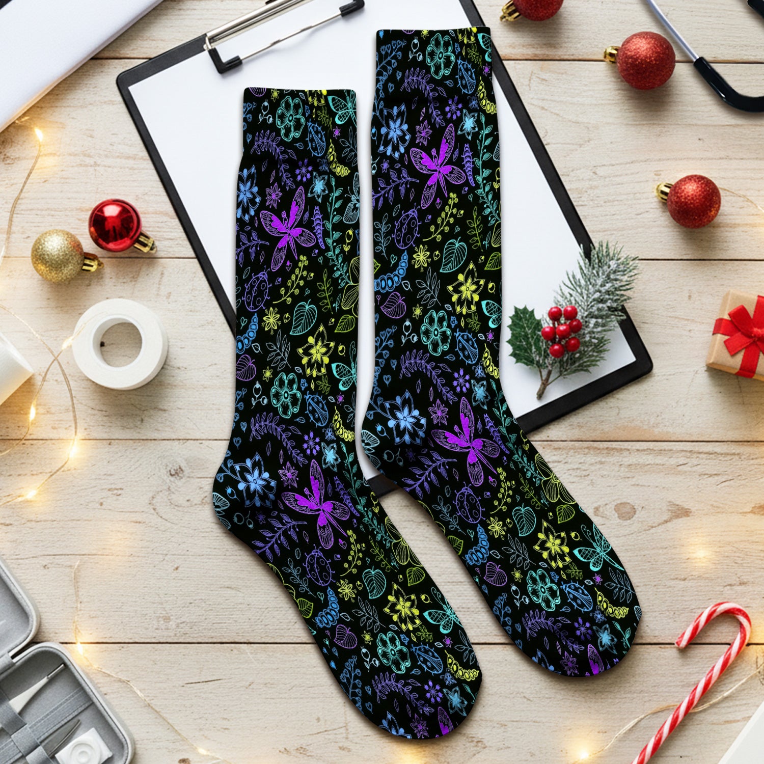 Neon Butterfly and Floral Garden Pattern Socks, Breathable Fabrics Medical Uniform