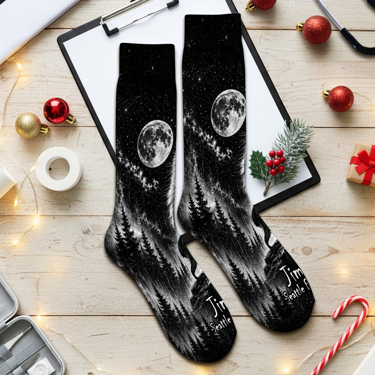 Moonlit Raccoon Forest Print Socks, Adult Socks for Men and Women
