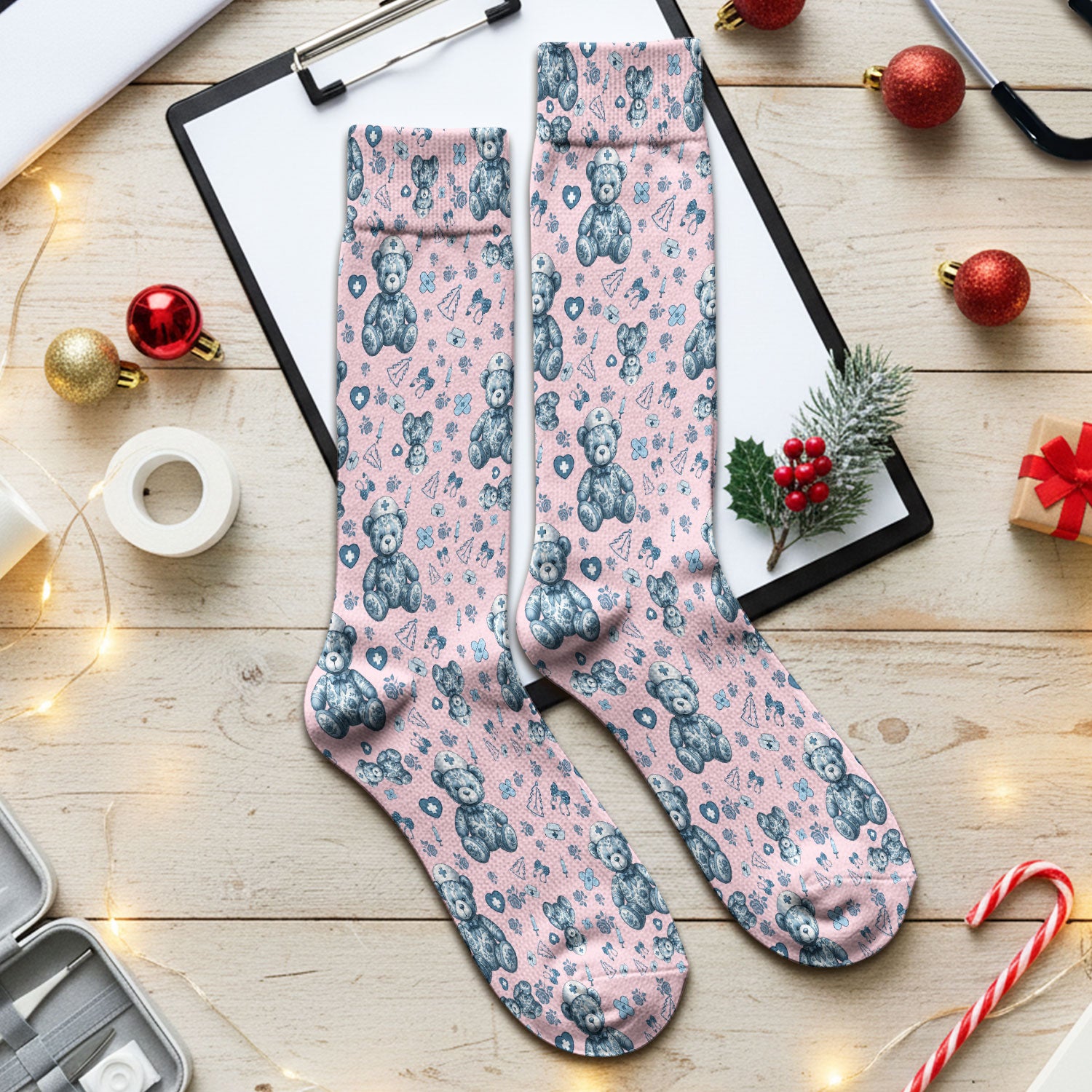 Toile Teddy Bear Socks for Nurse Doctor - Elegant Blue Toile de Jouy Adult Socks for Men and Women - Breathable Fabrics Medical Uniform