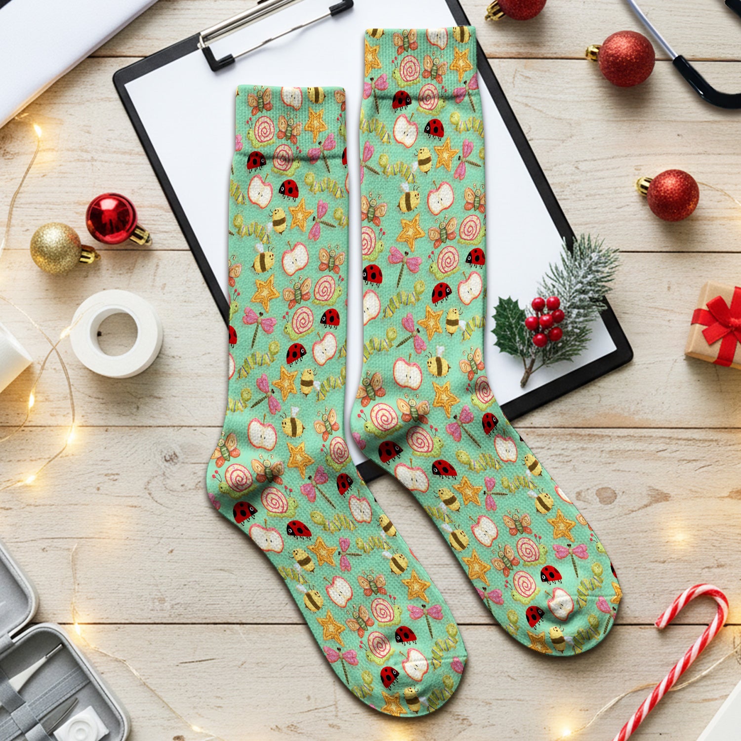 Cute Nurse Snail Ladybug Caterpillar Apple Garden Pattern Socks, Breathable Fabrics Medical Uniform