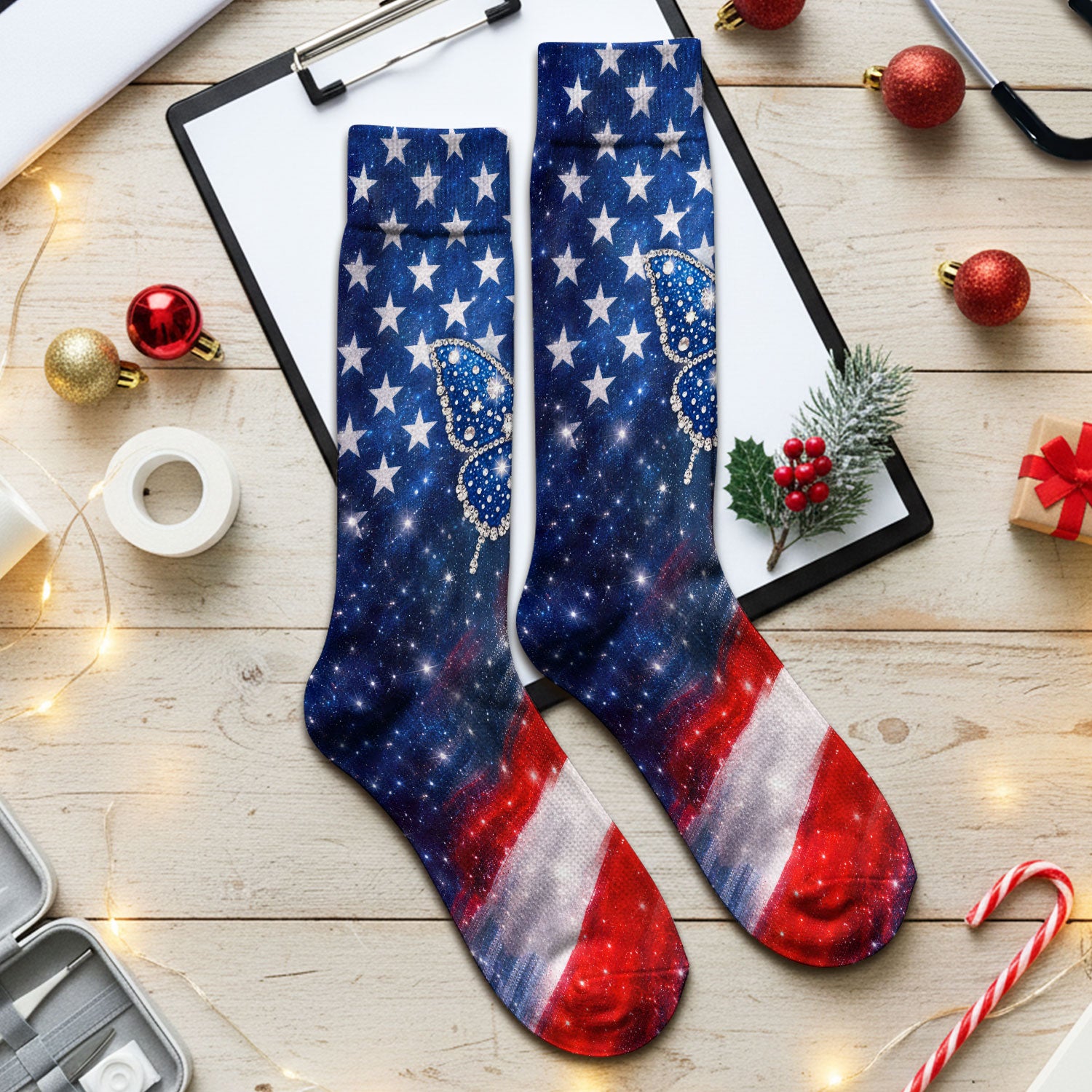 USA Flag Glitter Butterfly Rhinestone Pattern Socks, Breathable Fabrics Medical Uniform