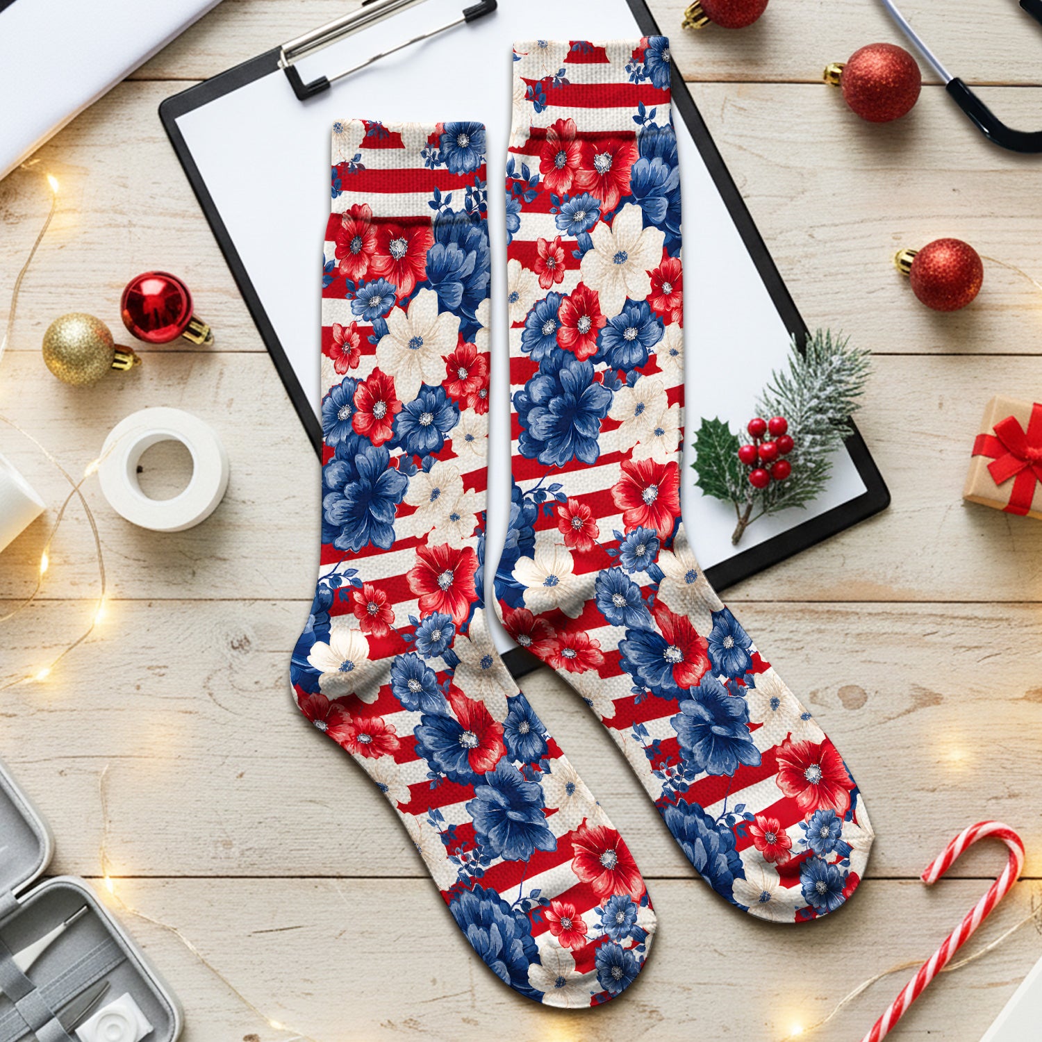 Patriotic Floral Nurse for RN & CNA, American Flag Healthcare Workers Medical Uniform Socks, Adult Socks for Men and Women