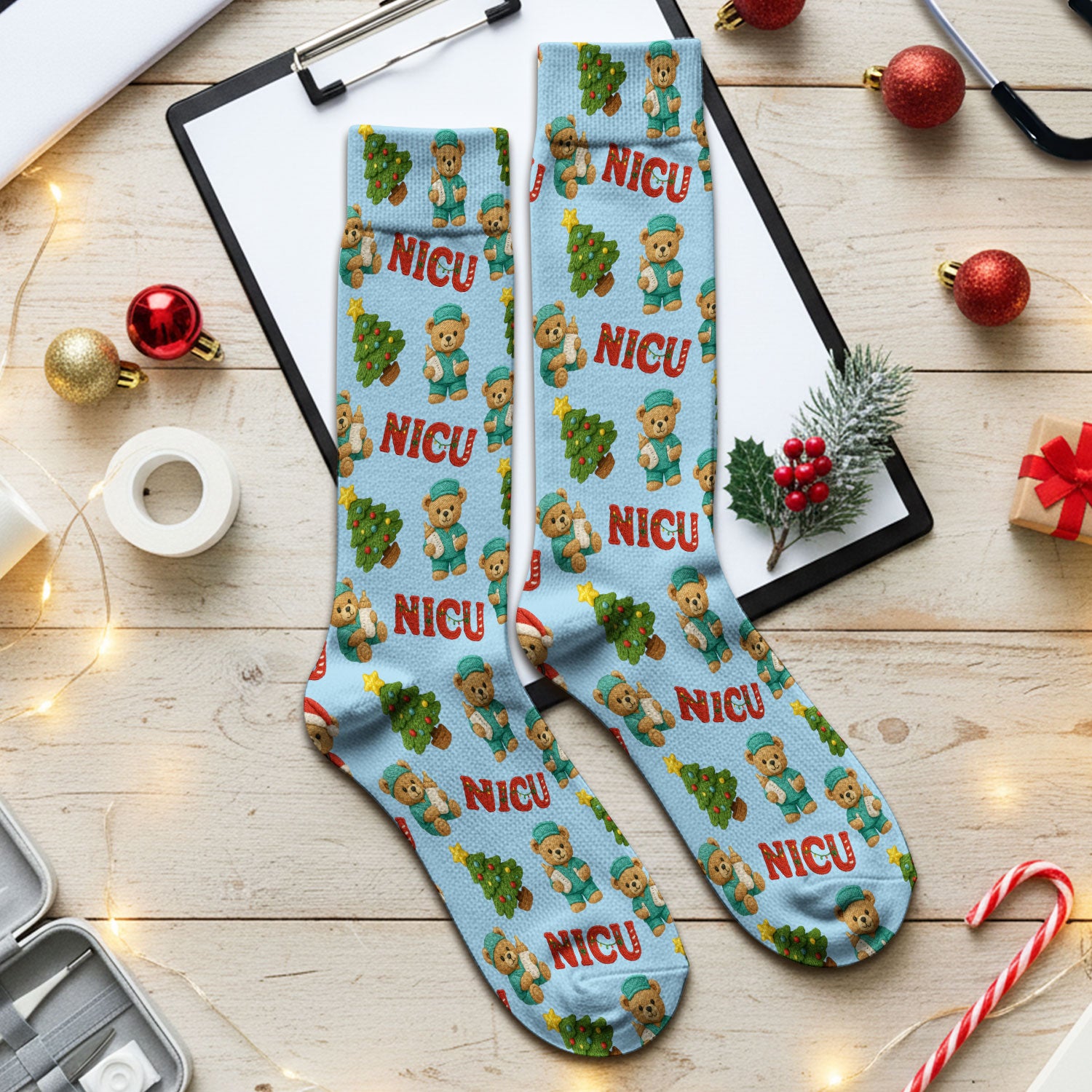 Festive Christmas NICU Nurse Teddy Bear Pattern Print Socks, Adult Socks for Men and Women