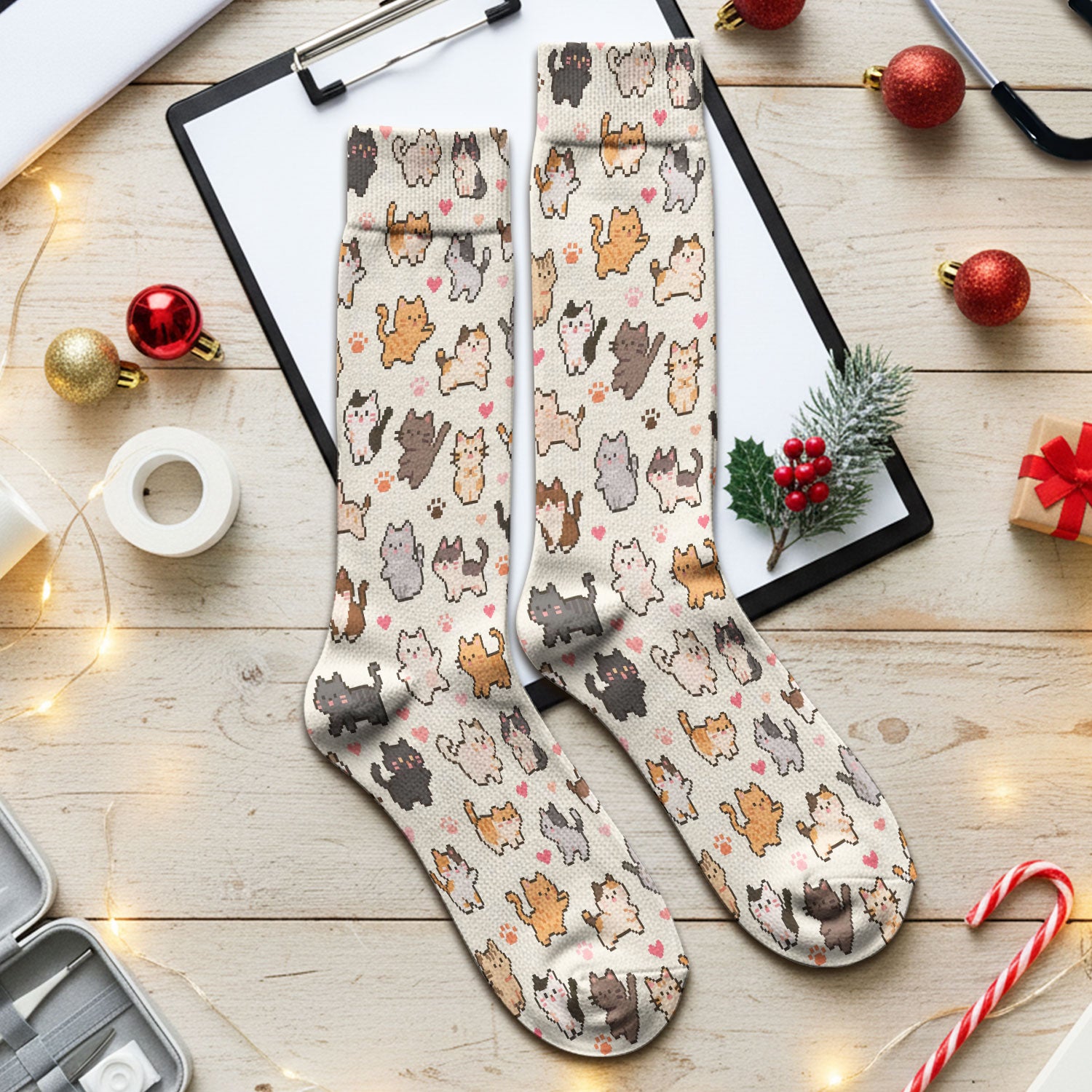 Cute Pixel Cat Heart Paw Pattern Socks, Socks for Nurse Doctor