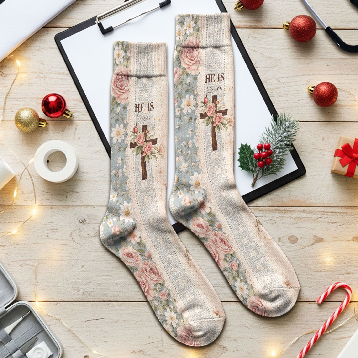 Inspirational Christian Cross Rose He Is Risen Vintage Floral Pattern Socks, Adult Socks for Men and Women