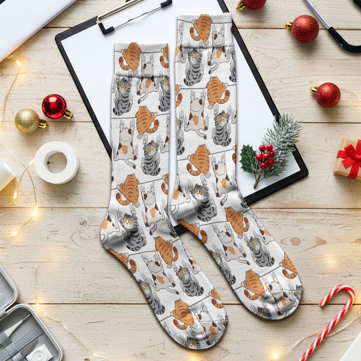 Cute Cat Pattern Nurse Scrub Socks, Cats Medical Pattern Sock, Breathable Fabrics Nursing Uniform